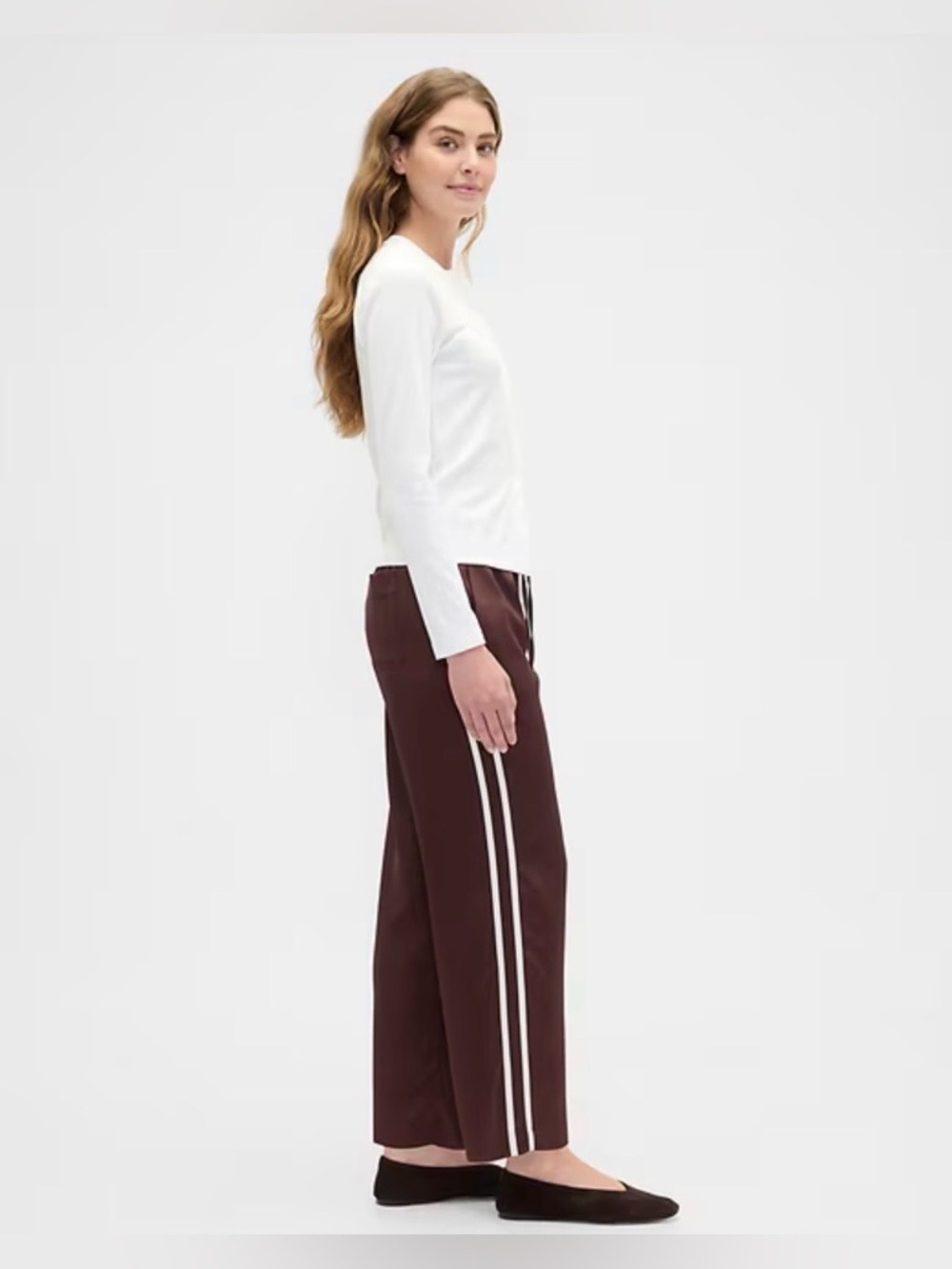 Gap Relaxed Satin Straight Leg Stripe Track Pants Espresso Brown NWOT XS Baggy